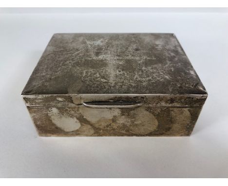 Silver hallmarked cigarette case with domed and hinged lid, engraved and with cedar lining, approx 11.8cm wide 