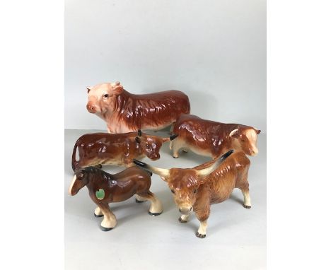 Vintage ceramic figures of bulls including highland (West German) and longhorn along with a Melba Ware shire horse (5 items t