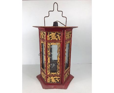 Antique and Vintage Lighting, Early 20th Century Chinese opium den lantern, hexagonal body of red and gold carved wooden pane