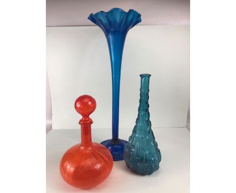 Mid century Italian designer glass, volcanic orange onion decanter, aqua blue nodule vase, and a peacock blue tulip vase  