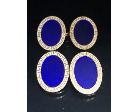 Pair of 9ct Gold and blue enamel Oval cufflinks with border in the Greek key design approx 10.1g