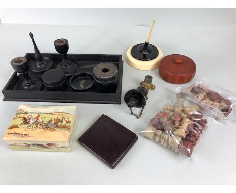Collection of miscellaneous items to include amber coloured Bakelite tidy, Bakelite cigarette case, Bakelite house maid call,