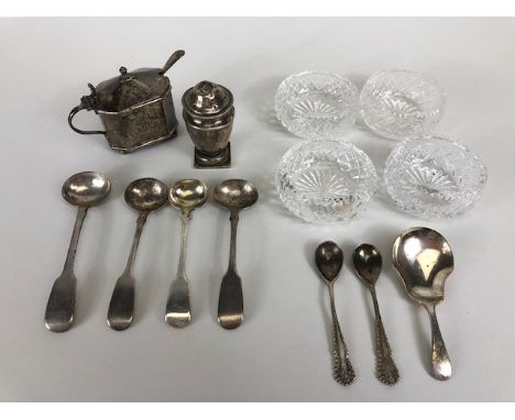 Collection of silver and glass tableware to include four glass salts, five silver mustard spoons, silver salt with blue glass