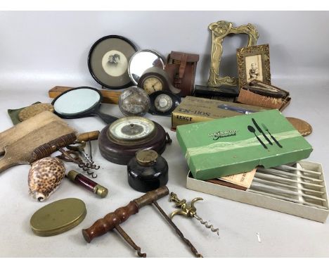 Miscellaneous collectables, to include corkscrews, clocks, barometer, snuff box,  Victorian glass perfume holder, 70s cameras