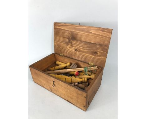 Vintage toys, wooden box containing wooden table top games, skittles, checkers lotto etc 