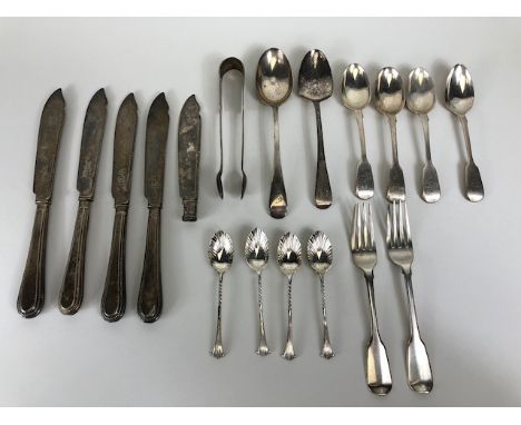 Collection of Silver items to include flatware, spoons, forks, fish knives A/F, sugar nips total weight approx 636g