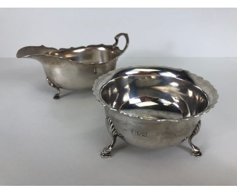 Antique silver, English London hallmarked sugar bowl approximately 82g, and a Birmingham hallmarked sauce boat approximately 