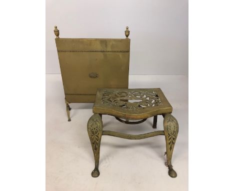 Antique brass fireplace stool and a brass fire guard 