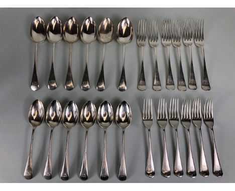 Silver Flatware 24 pieces: Sets of six Silver hallmarked desert spoons, serving spoons, forks and desert forks for Sheffield 
