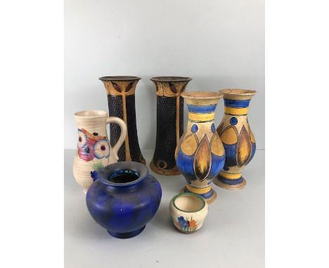 Art Deco Ceramics, a Clarice Cliff crocus pot, Clarice Cliff flower jug (AF), a pair of Clews and Co. Chameleon Ware vases, a