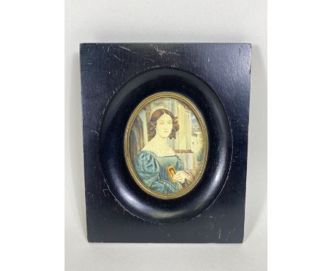 Paintings, antique 19th century oval  miniature portrait of Lady holding a bible in its black wooden frame approximately, 13 