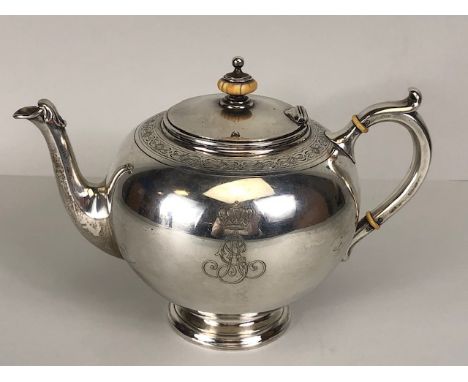 Antique Silver, German 800 silvermarked Teapot of globe design with Hessen crowned monogram approximately 569g