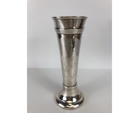 Large silver hallmarked trumpet vase with circular stepped base, weighted, approx 26cm tall A/F