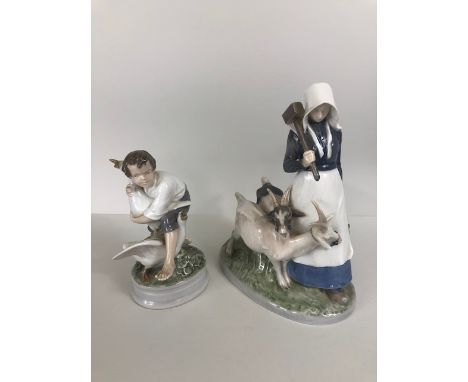 Royal Copenhagen porcelain figure of a girl and goats 694, and figurine of a boy with geese 2139 (A/F)