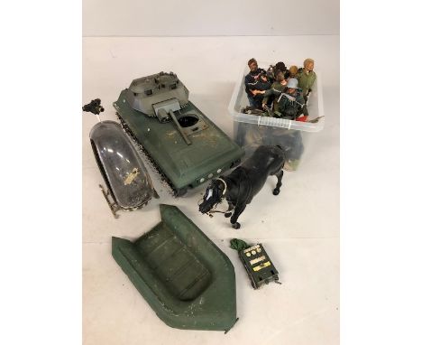 Vintage toys, collection of play-worn Action Man dolls, accessories, vehicles, including boots, guns, divers helmets, horse, 