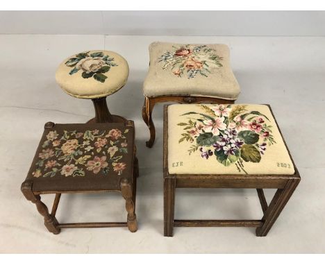 Four tapestry decorated stools to include an adjustable circular piano stool (4)