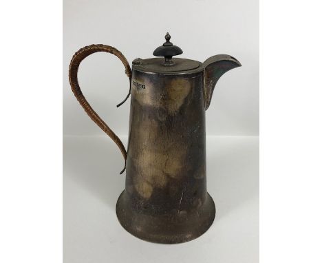 Solid Silver coffee pot by maker Walker & Hall with woven detail to handle, approx 20cm tall & 538g