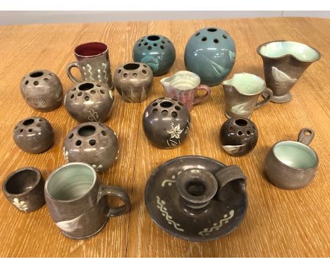 Collection of Dunster studio pottery flower holders, vases go to bed, jugs etc  