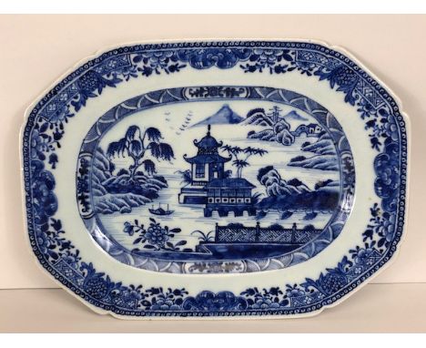 Chinese export blue and white platter decorated with a pagoda and flowers, approximately 29 x 21cm 