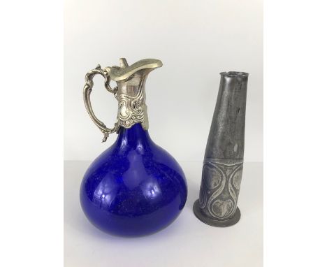 Liberty, tudric pewter Art Nouveau vase stamped to base along with a blue glass white metal mounted Nouveau style water jug 