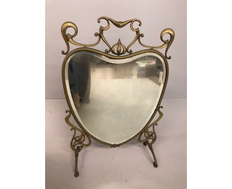 Antique Art Nouveau brass framed Mirror Fire screen in the shape of a heart surrounded by tendrils (one foot loose)