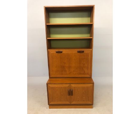 Mid century style teak G-Plan sideboard with bookcase above, cupboard / drinks cabinet below with drop down front and two doo