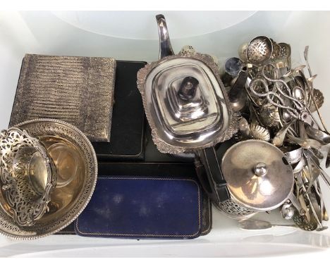 Antique silver plate, collection of table and flatware to include, teapot various strainers, condiment forks and spoons, dinn