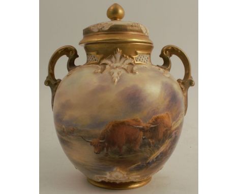 A Royal Worcester covered vase, decorated with Highland cattle by J Stinton, shape number 1515, circa 1925, height 8.5ins