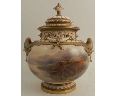 A Royal Worcester covered bow piece, decorated with highland cattle in a landscape by John Stinton, with two handles, shape n