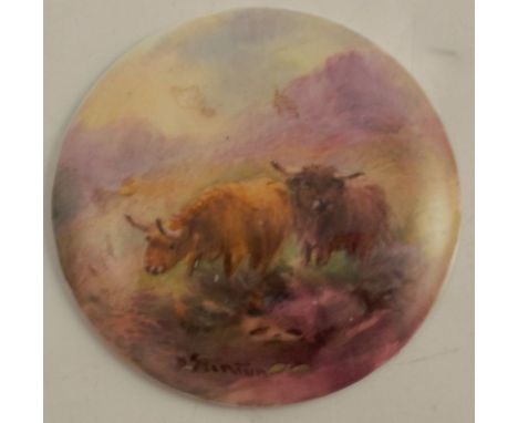 A Royal Worcester&nbsp;small circular&nbsp;plaque, decorated with Highland cattle by H Stinton, circa 1929, diameter 2.25ins