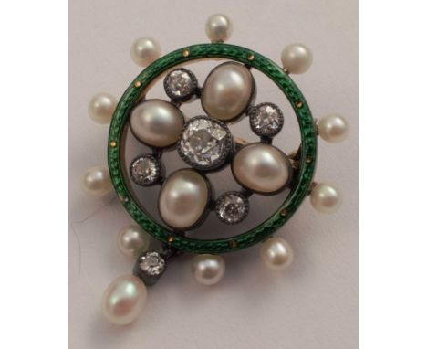 A diamond, half pearl and enamel brooch, centred with a cluster of graduated old cut diamonds and half pearls, within a green