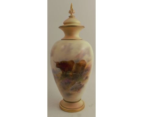 A Royal Worcester covered vase, decorated with Highland cattle by John Stinton, shape number 1847, circa 1912, height 17ins (