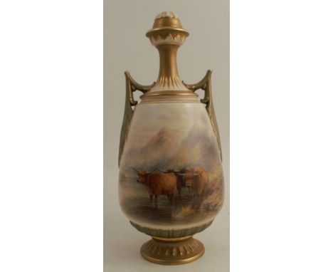 A Royal Worcester table lamp, with two gilt handles and gilt column, decorated with Highland cattle by John Stinton, shape nu