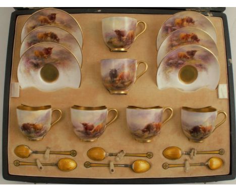 A Royal Worcester cased set of six coffee cups and saucers, decorated with Highland cattle by H Stinton, together with six sp