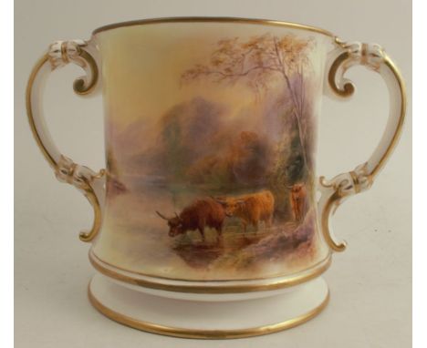 A Royal Worcester two handled loving cup, decorated with cattle watering by John Stinton, shaped number 1925, height 6.5ins, 