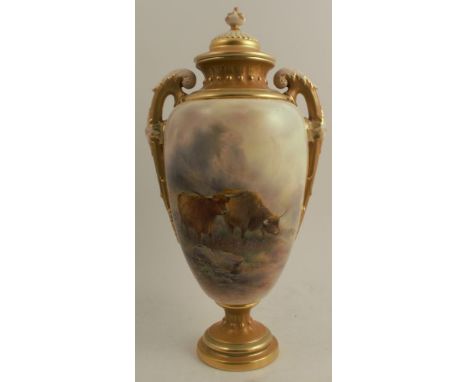 A Royal Worcester covered vase, decorated with Highland cattle by John Stinton, shaped number 2354, circa 1919, height 16ins 