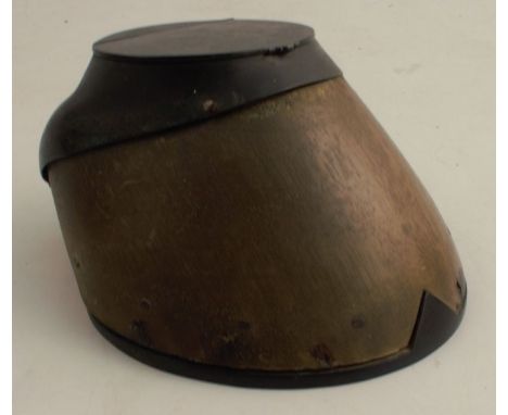 A Rowland Ward horses hoof inkwell, with silver plated mounts, the hinged cover engraved Boxer, the interior of the lid engra