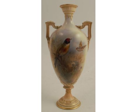 An unmarked Royal Worcester vase, decorated with a bird by Harry Davis (damaged), height 7.5ins