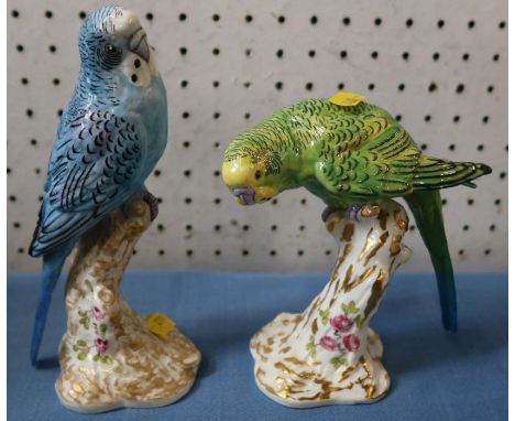 Two Royal Worcester model birds, budgerigars, shape numbers 2663 and 2664 - Green budgie has had tail and one wing restored b