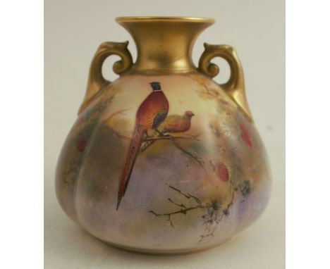 A Royal Worcester quarter lobbed squat vase, decorated with roosting pheasants, shape number H155, height 3.5ins
