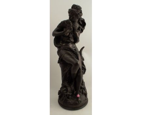 After Carrier-Belleuse, a bronzed resin model of a classical female clutching two birds, height 24ins