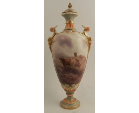 A Royal Worcester covered vase, decorated with Highland cattle by John Stinton, shape 1764, height 17ins, circa 1902 (very sl