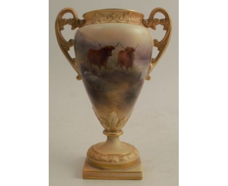 A Royal Worcester vase, decorated with Highland cattle by H Stinton, shape number G955, circa 1903, height 8ins