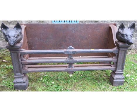 A cast iron fire grate, of rectangular form, with Fox mask decoration, width 36ins