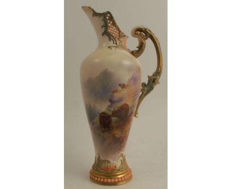 A Royal Worcester ewer, decorated with highland cattle by John Stinton, shape number 1587, circa 1912, height 12.5ins, (resto