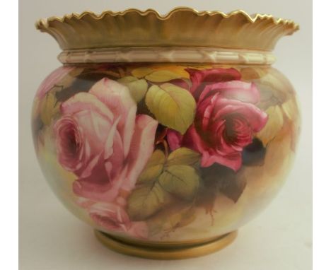 A Royal Worcester jardiniere, decorated all around with roses by R Austin, shape number 1651, height 7.5ins, diameter 9ins