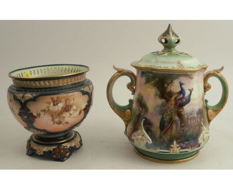 A Hadley's Worcester cache pot, decorated with brown flowers, having a pierced neck, height 5.75ins, together with a Hadley's