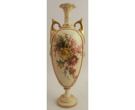 A Royal Worcester blush ivory vase, decorated with panels of flowers, shape number 1839, height 16ins - restored