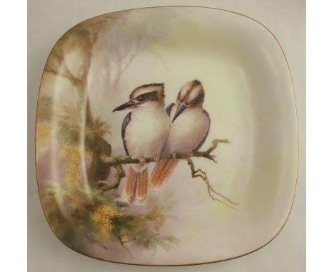 A Royal Worcester square shaped dish, decorated with Kookaburras in Australian foliage by W Powell, diameter 9.5ins