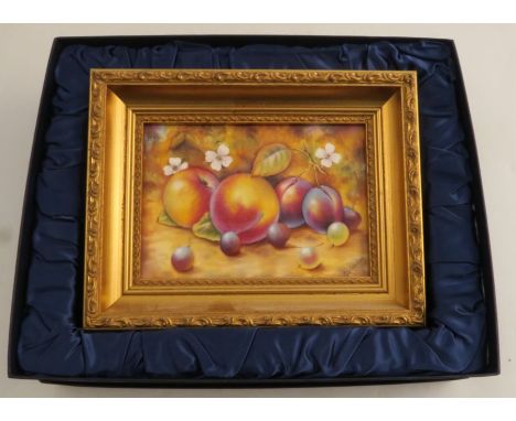 A Royal Worcester rectangular porcelain plaque, decorated with fruit to a mossy background by C Winwood, 4.75ins x 6.5ins, fr